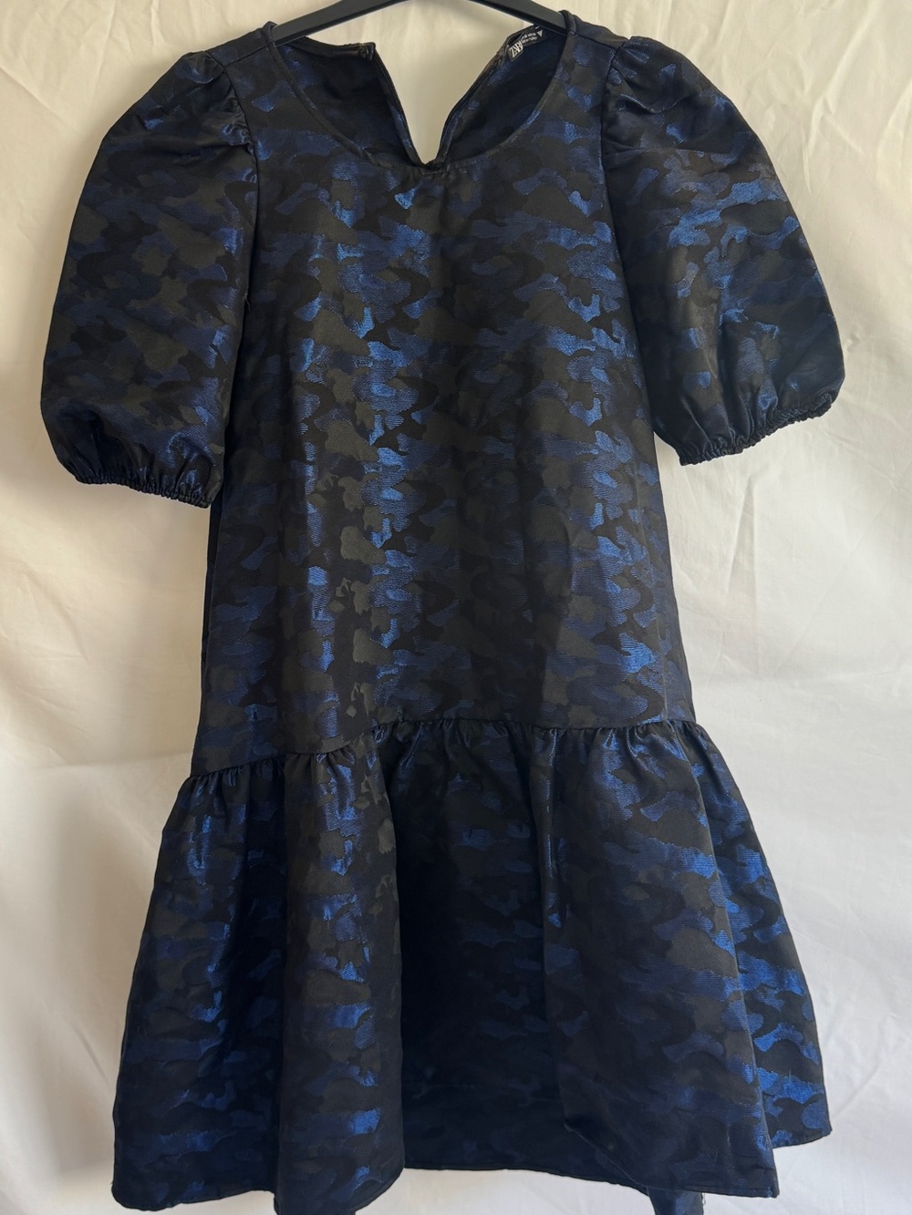 Zara Black and Blue Puff-Sleeve Jacquard Party Dress